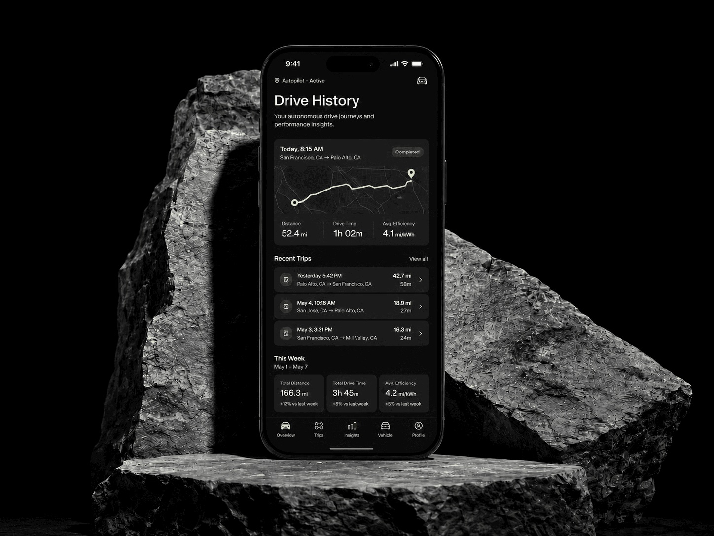 Drive History screen showing an autonomous trip route, distance, and weekly driving performance.