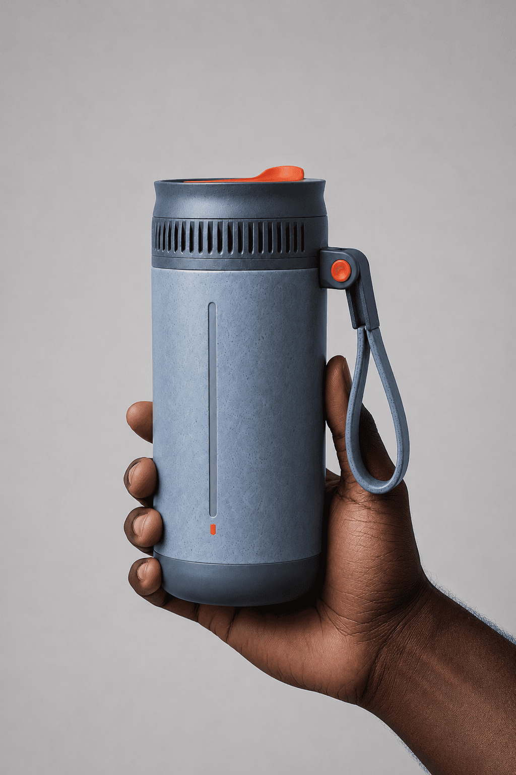 Portable hydration bottle in slate blue with an orange loop strap, held in hand.