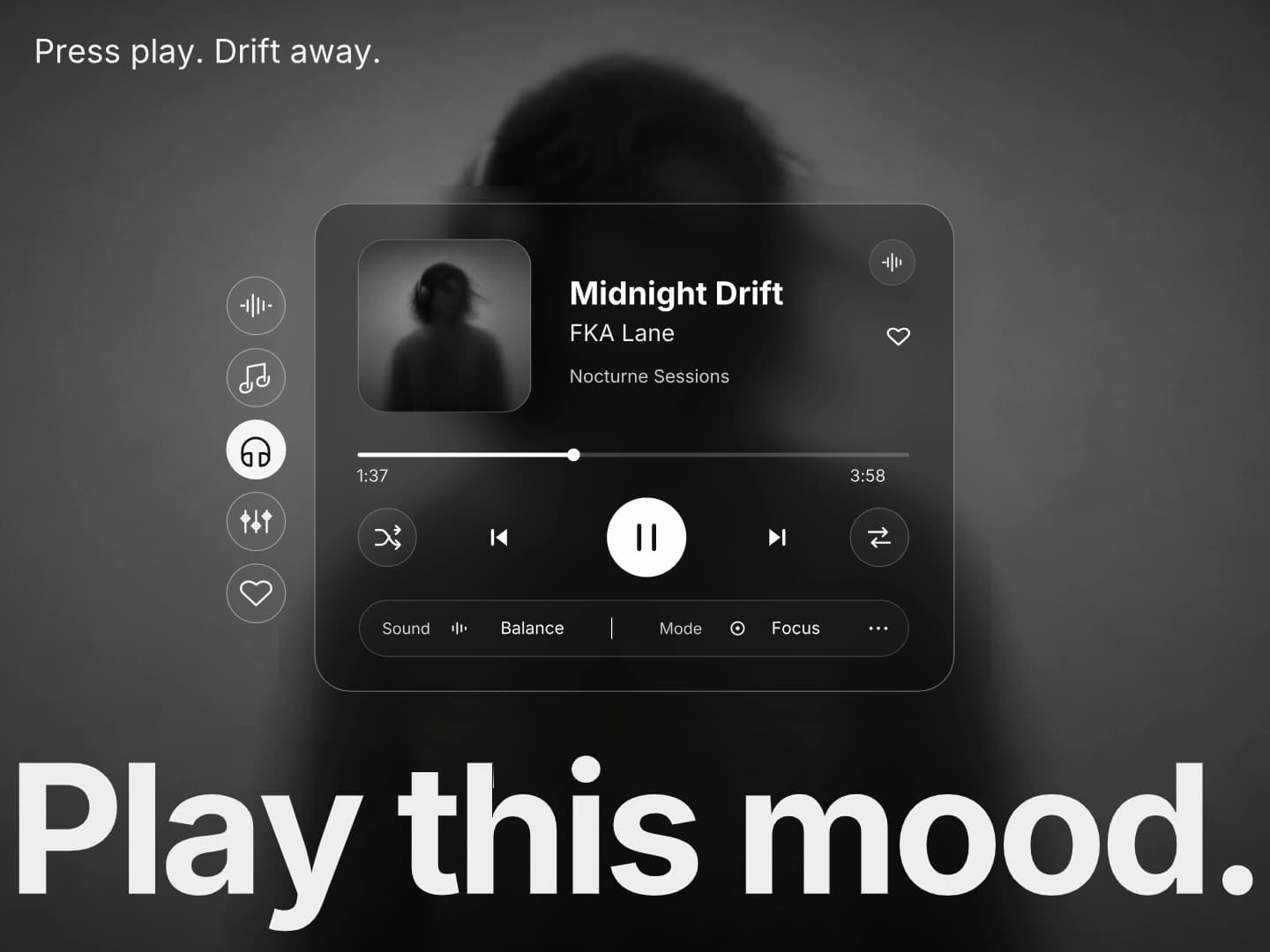 Midnight Drift music player interface with the tagline "Play this mood."