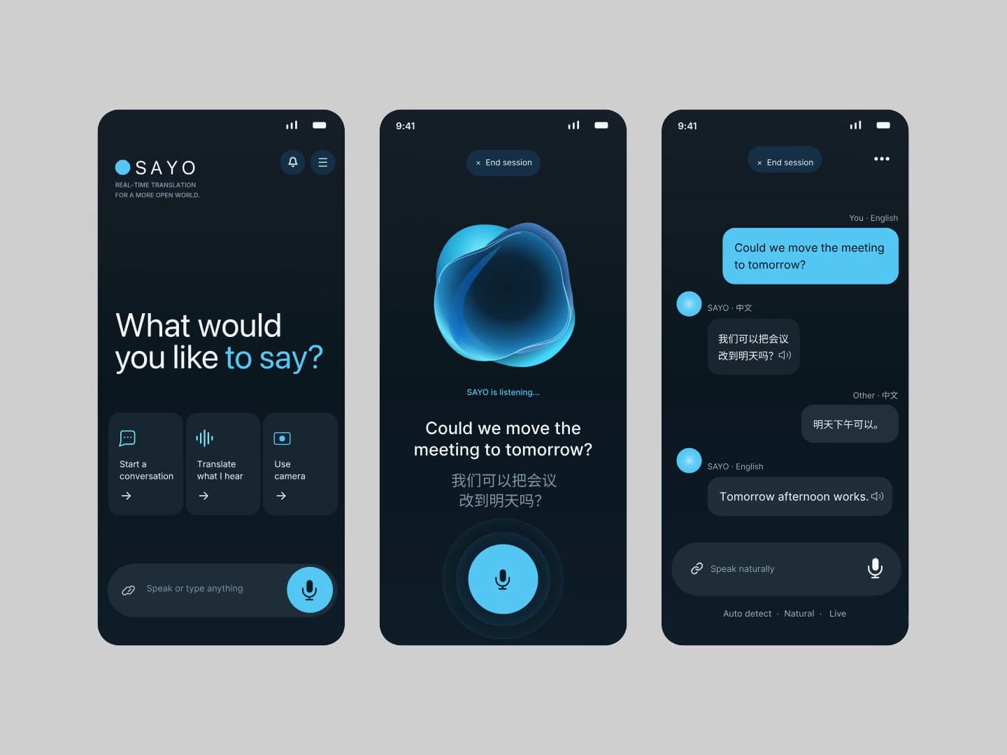 SAYO real-time translation app shown across three phone screens.