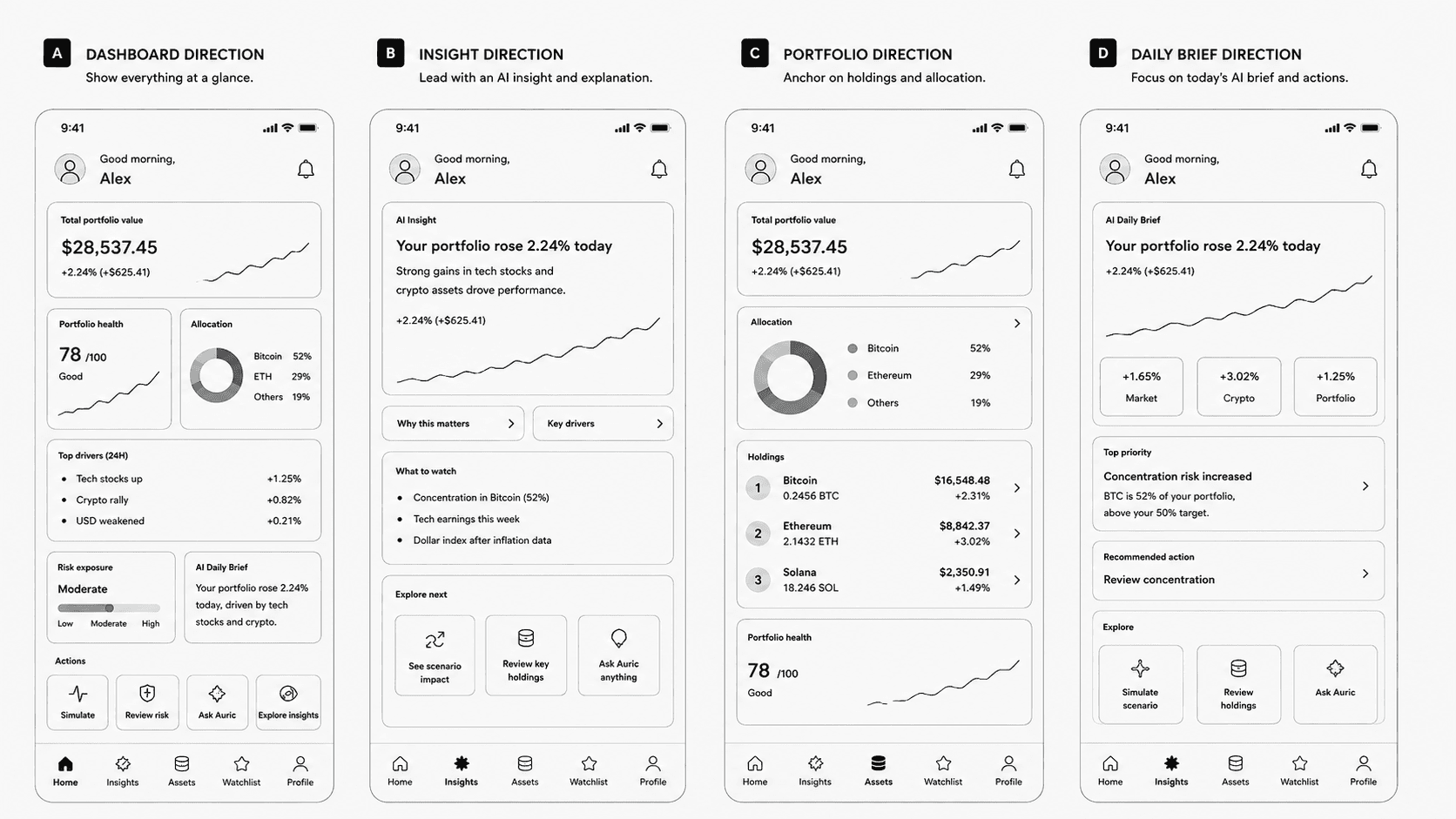 Four early interface directions comparing dashboard, insight, portfolio, and daily brief entry points.