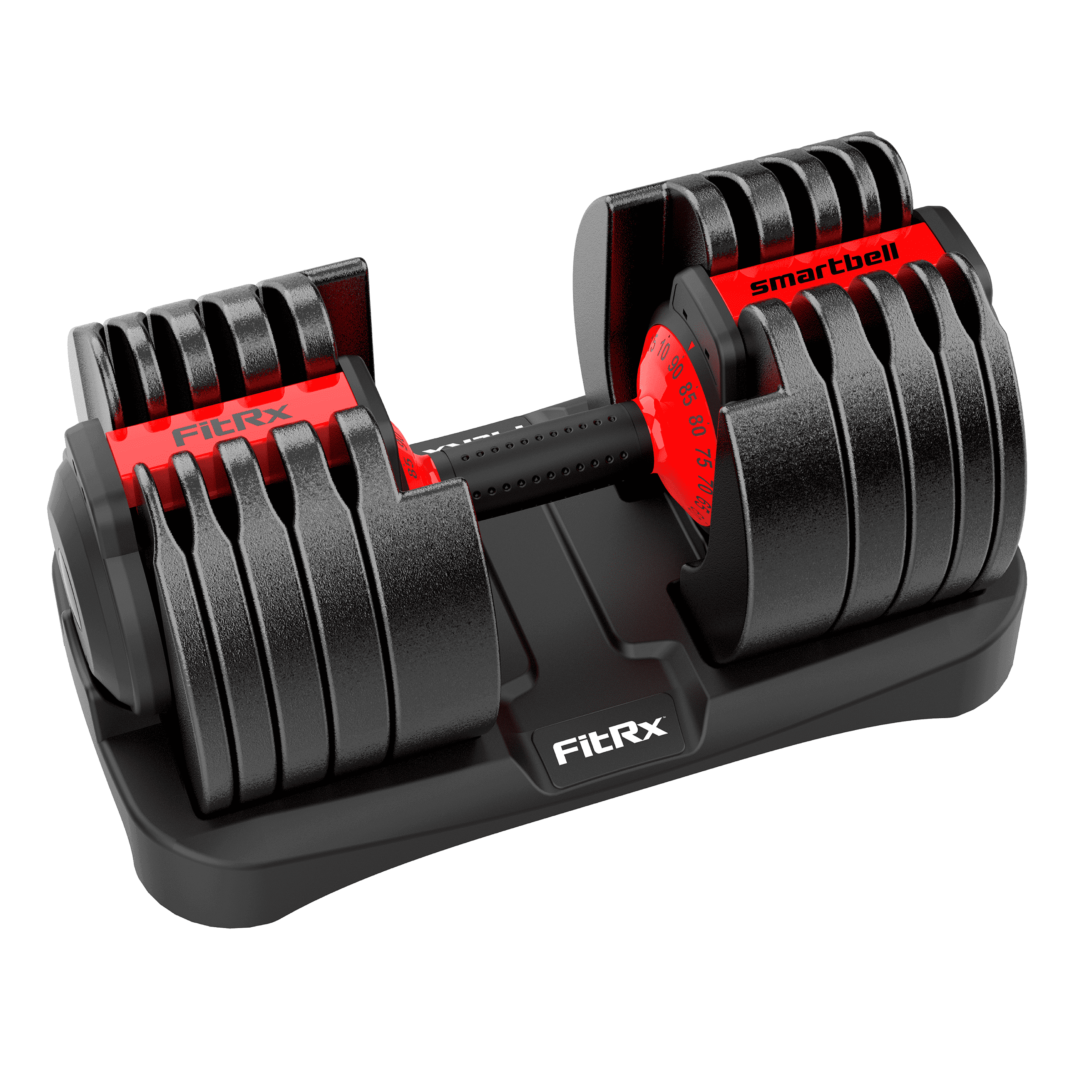 FitRx adjustable dumbbell system with black plates and red adjustment accents.