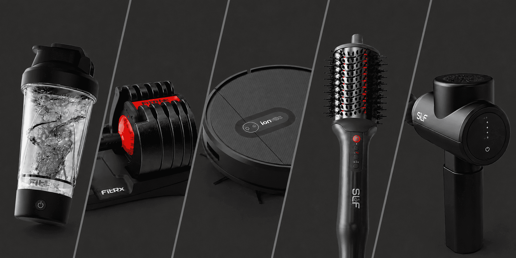 A selection of commercial consumer products including a blender, adjustable dumbbells, robot vacuum, styling brush, and massage gun.