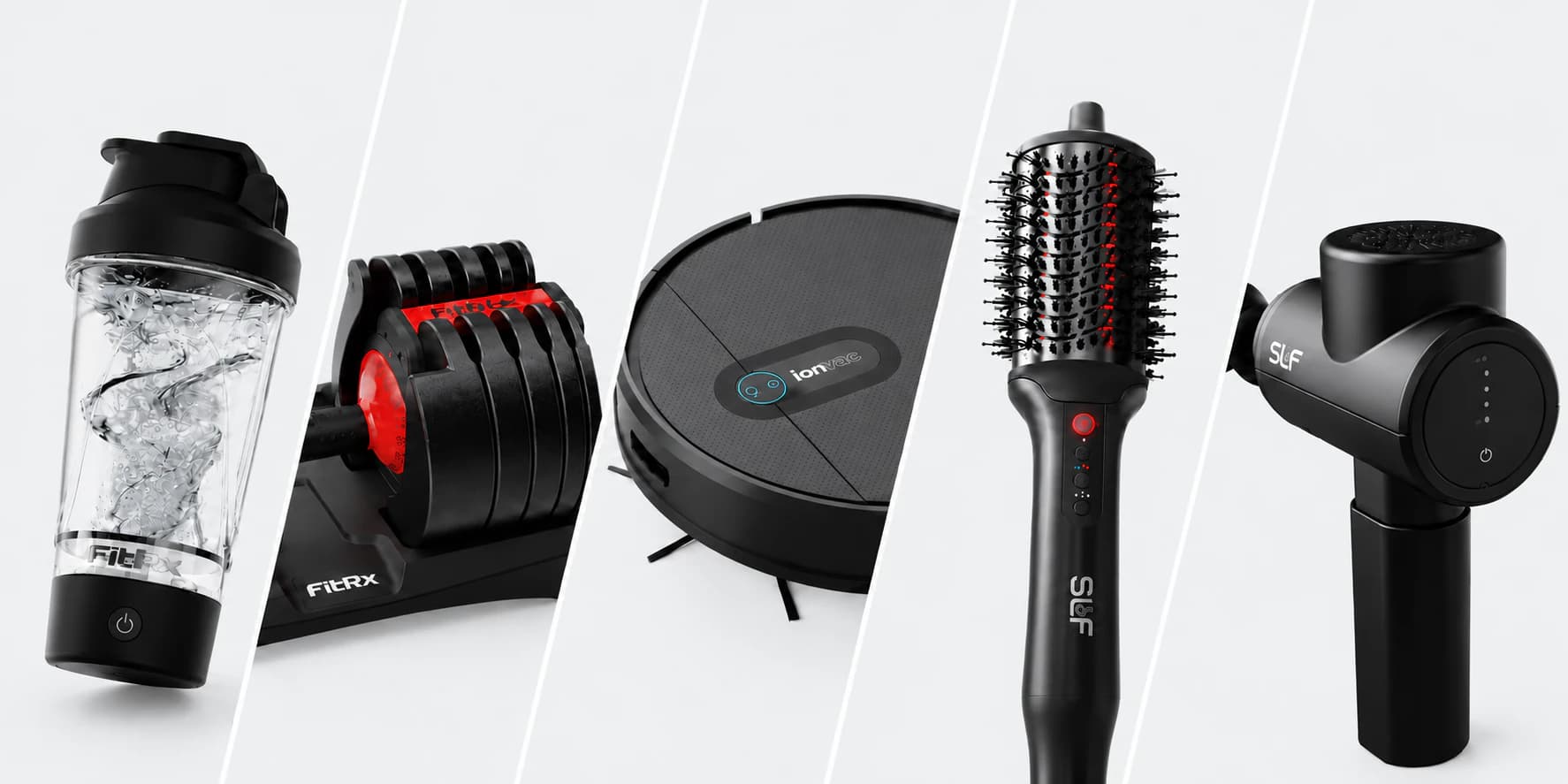A selection of commercial consumer products including a blender, adjustable dumbbells, robot vacuum, styling brush, and massage gun.