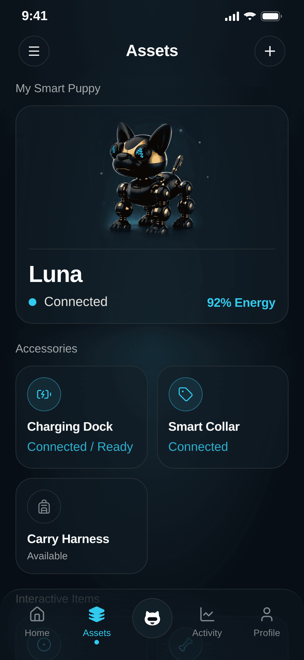 SMART PUPPY Assets screen showing Luna, charging dock, smart collar, and carry harness.