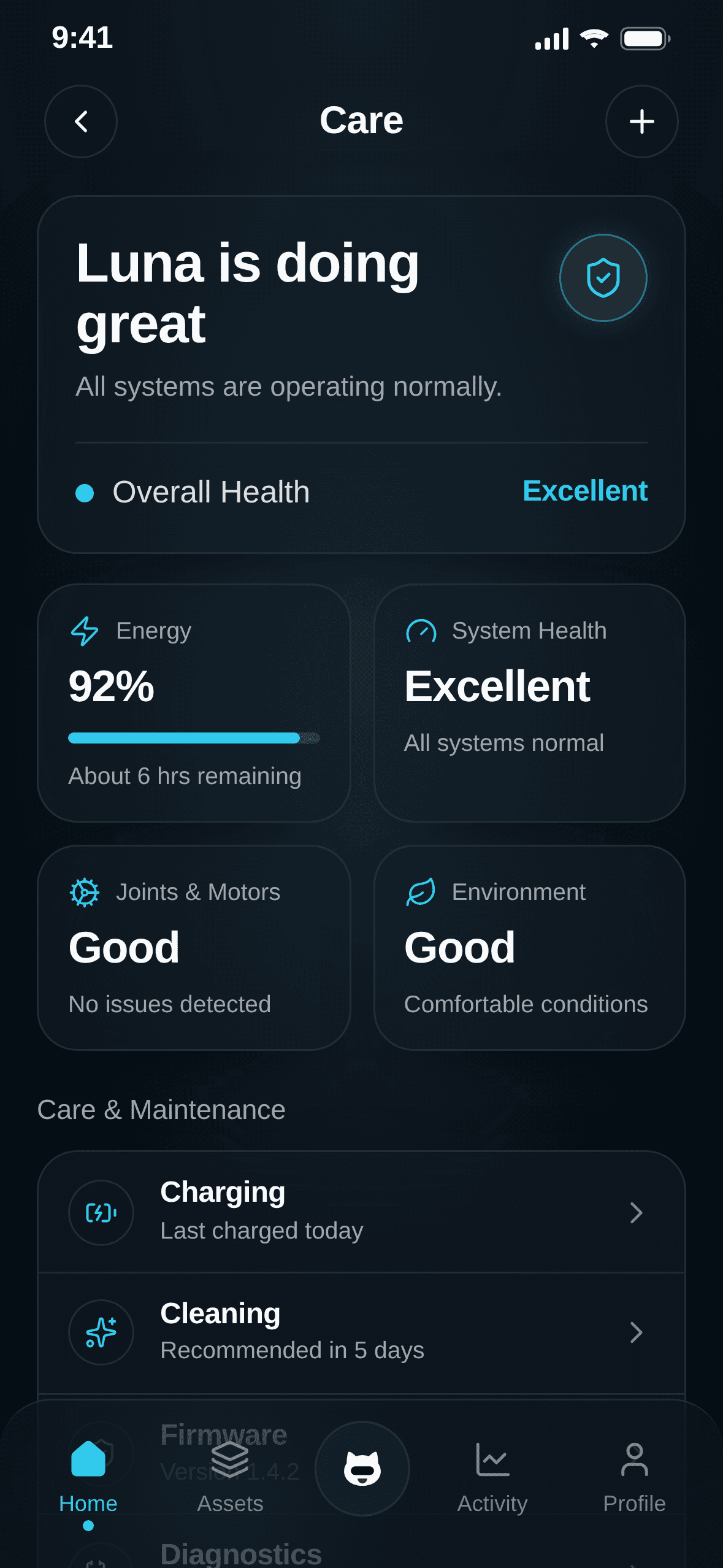 SMART PUPPY Care screen showing overall health, energy, system condition, environment, and maintenance items.