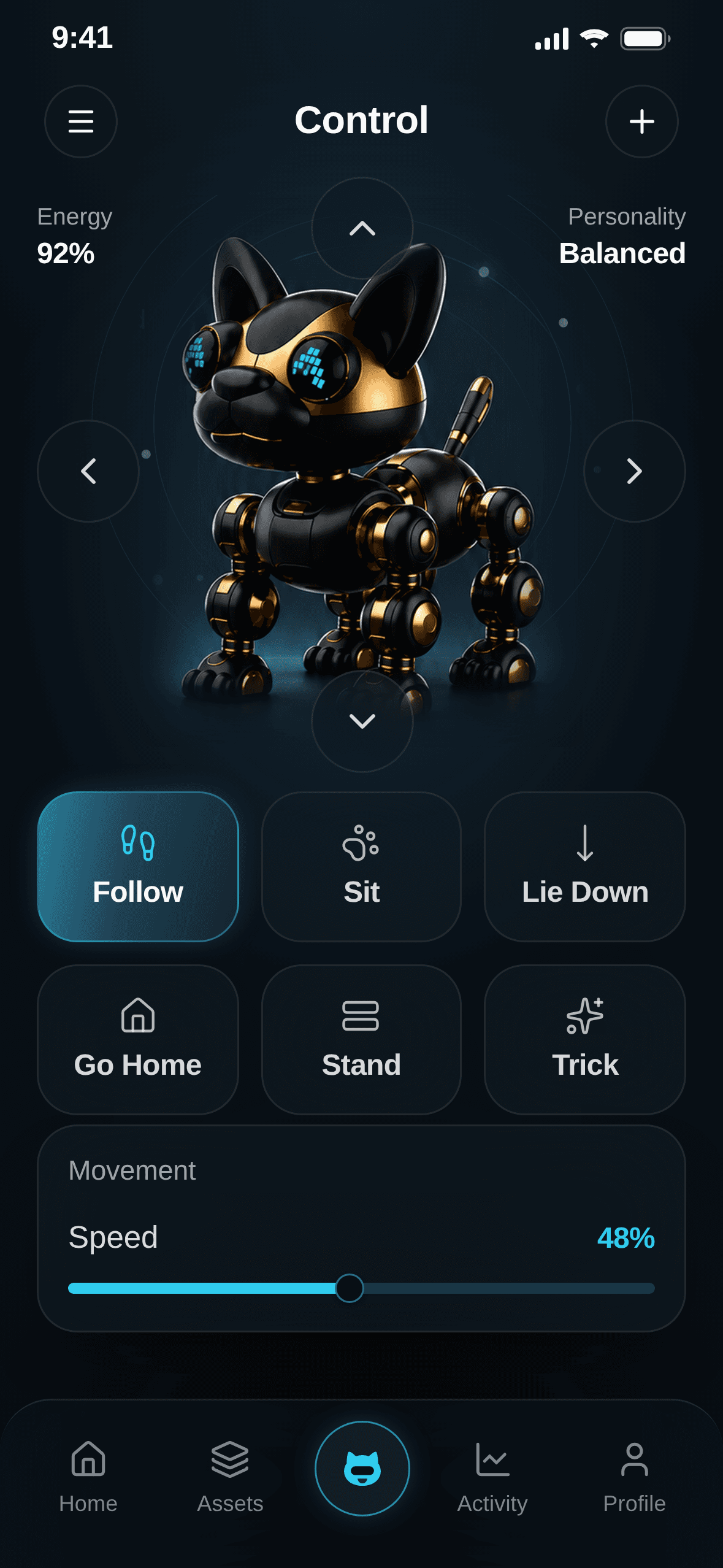 SMART PUPPY Control screen showing directional commands, behavior actions, and movement speed.