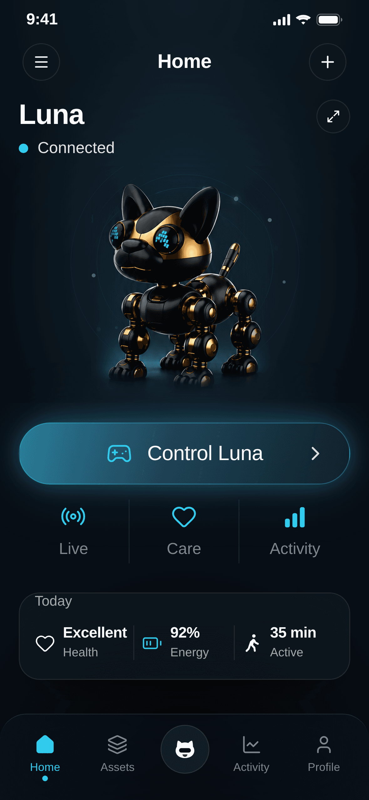 SMART PUPPY Home screen showing Luna, connection status, control access, and daily health summary.