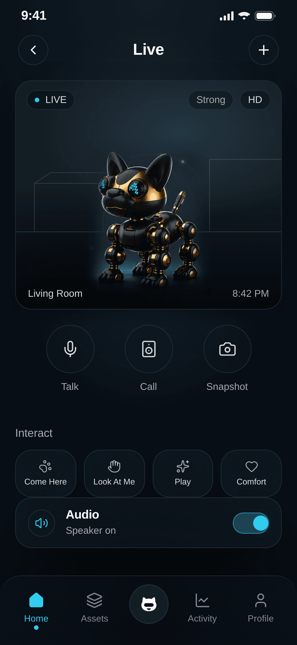 SMART PUPPY Live screen with camera view, communication controls, interaction commands, and audio status.