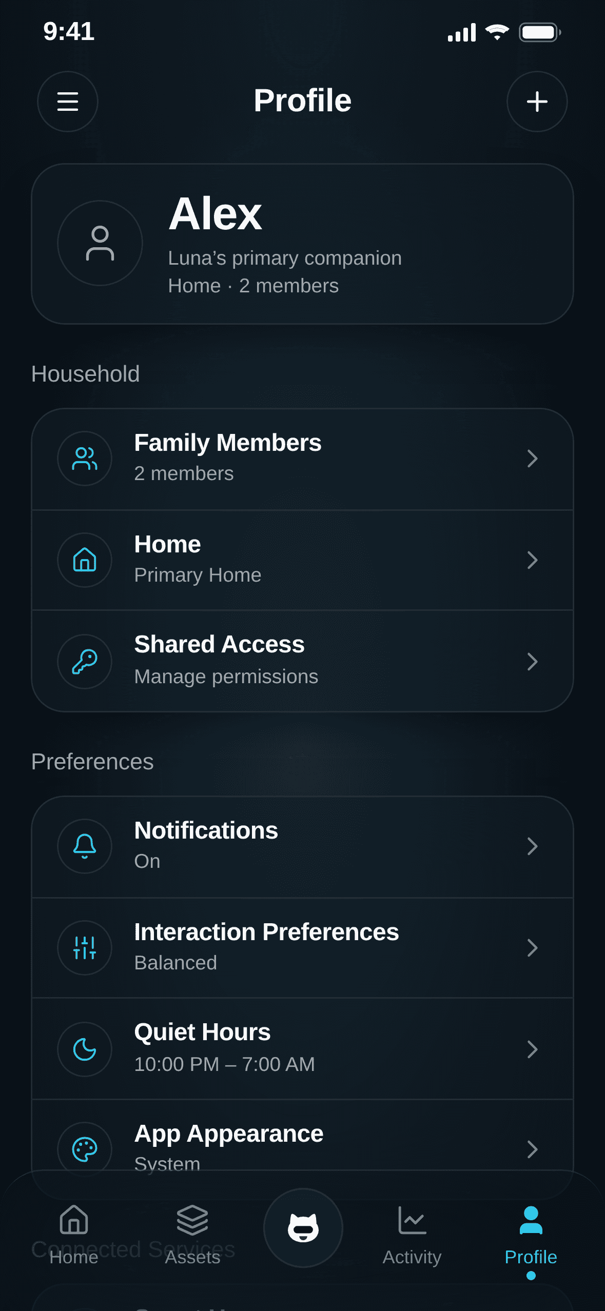 SMART PUPPY Profile screen showing household members, shared access, notifications, preferences, and quiet hours.