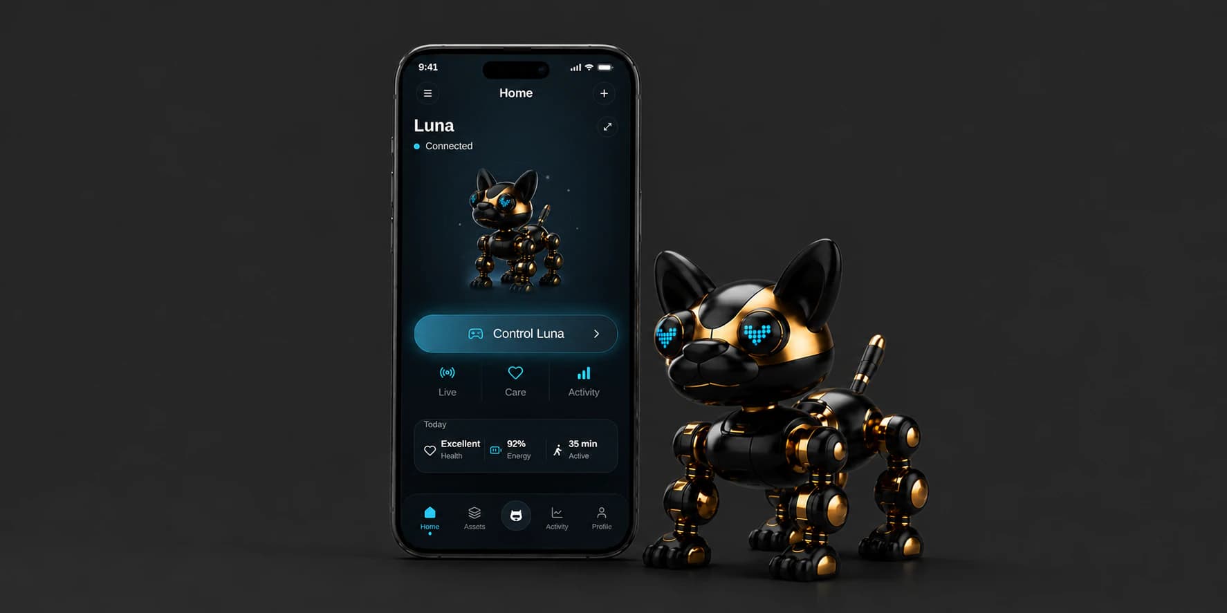 SMART PUPPY robotic companion beside its mobile app home interface.