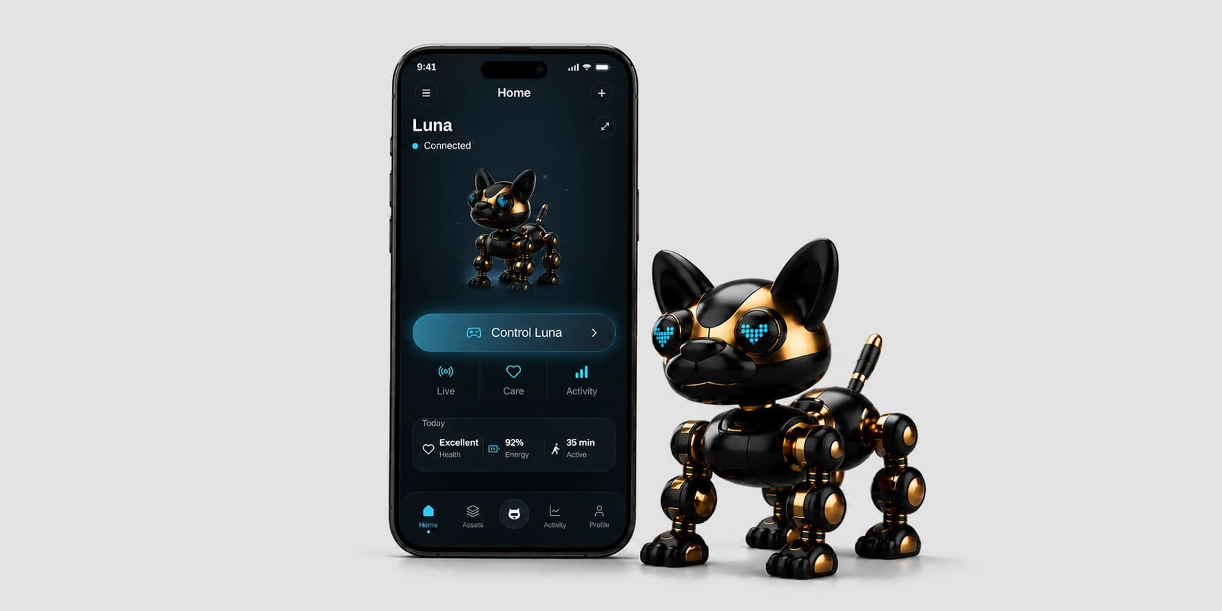 SMART PUPPY robotic companion beside its mobile app home interface.