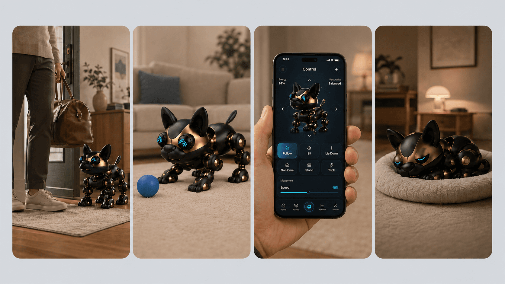 Four SMART PUPPY lifestyle moments showing greeting at home, play, remote app control, and quiet rest.