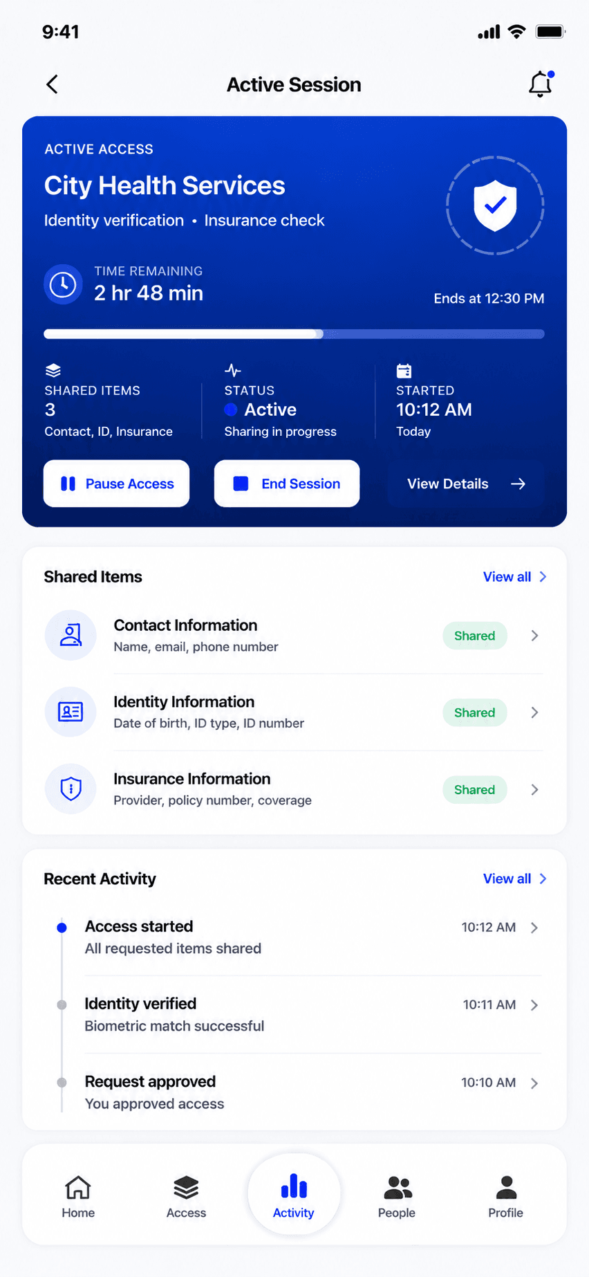Active Session screen showing conceptual shared items and pause, end, and detail controls.