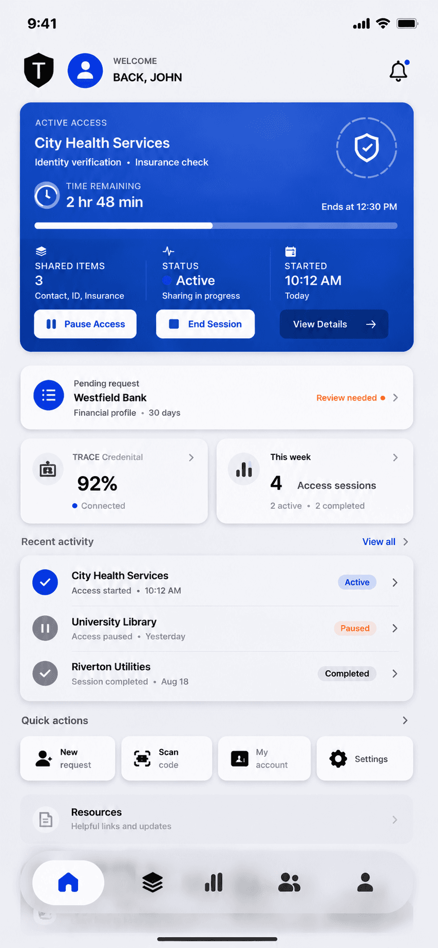 TRACE Home screen showing a conceptual active permission session, pending request, credential status, and recent activity.