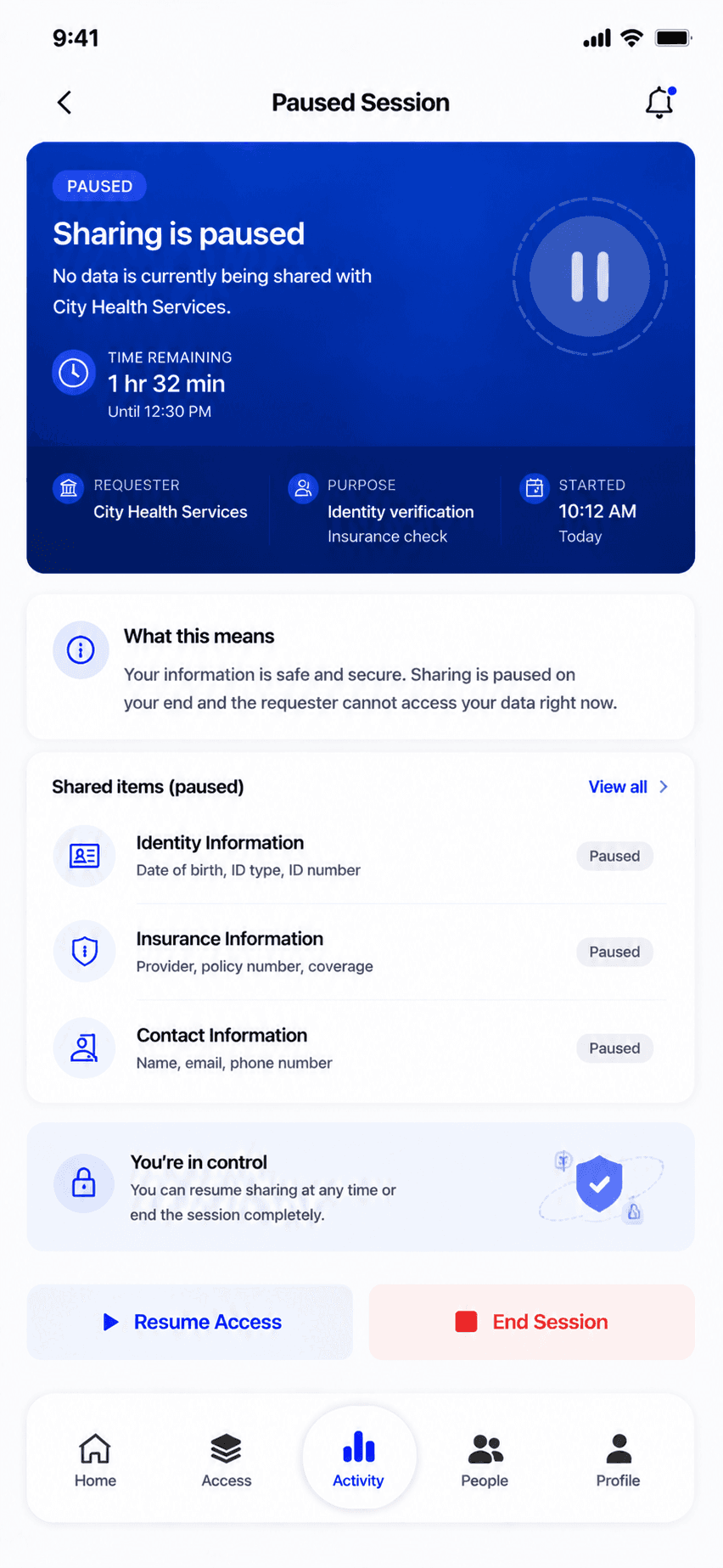 Paused Session screen showing suspended sharing with resume and end controls.