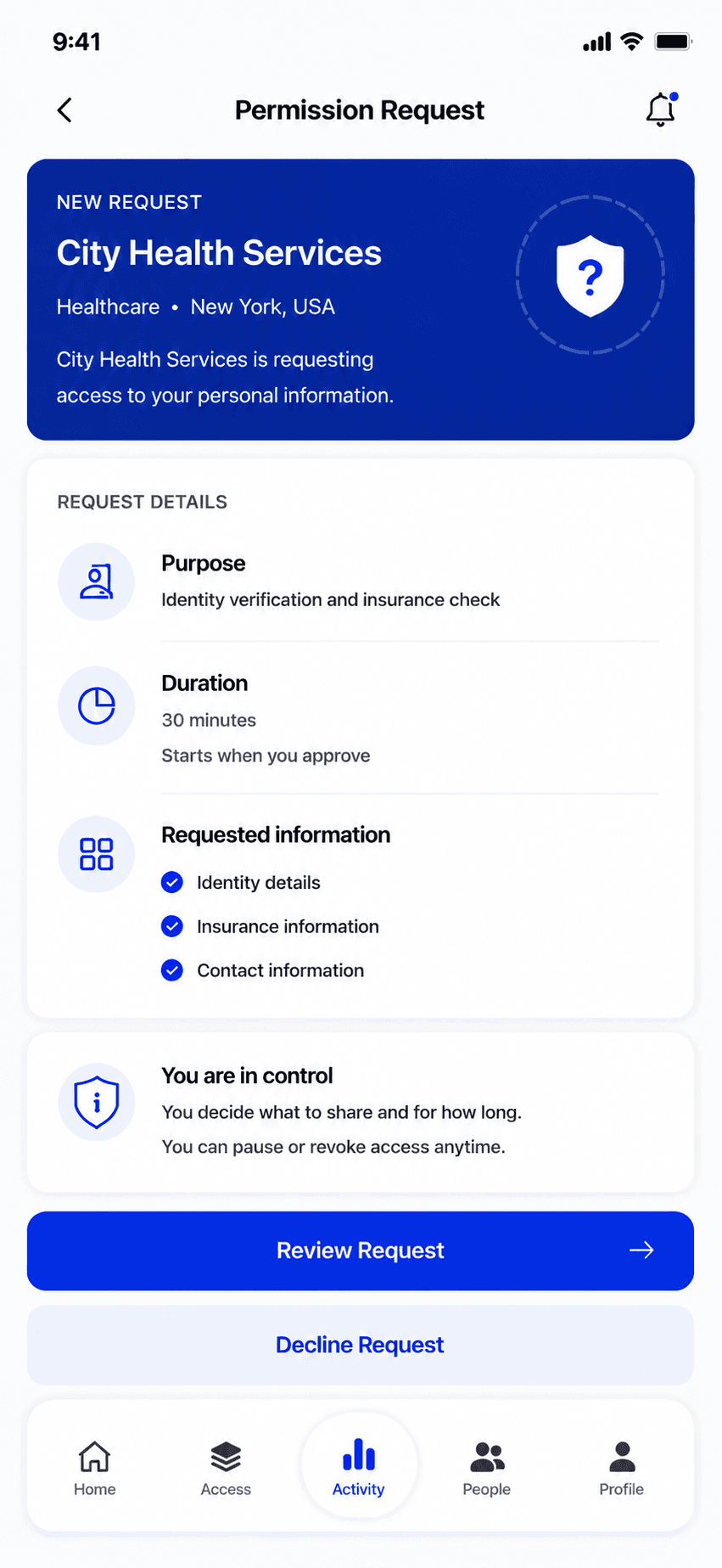 Permission Request screen showing a conceptual healthcare requester, purpose, duration, requested information, and review action.