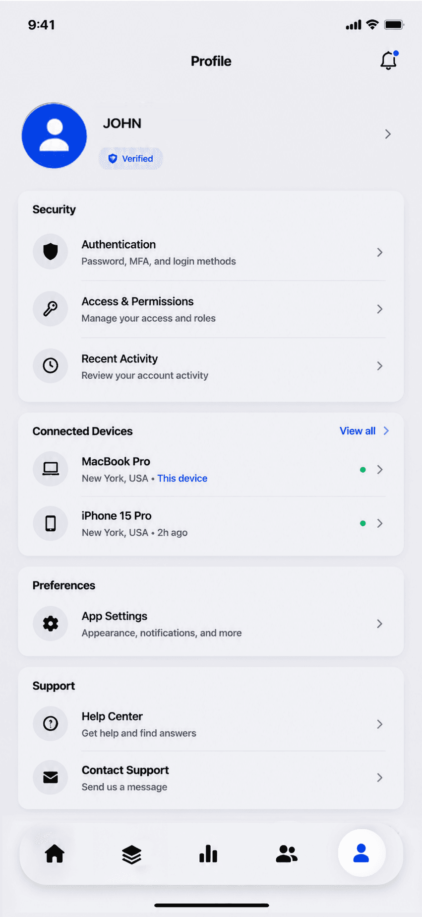 TRACE Profile screen showing authentication, permissions, devices, preferences, and support.