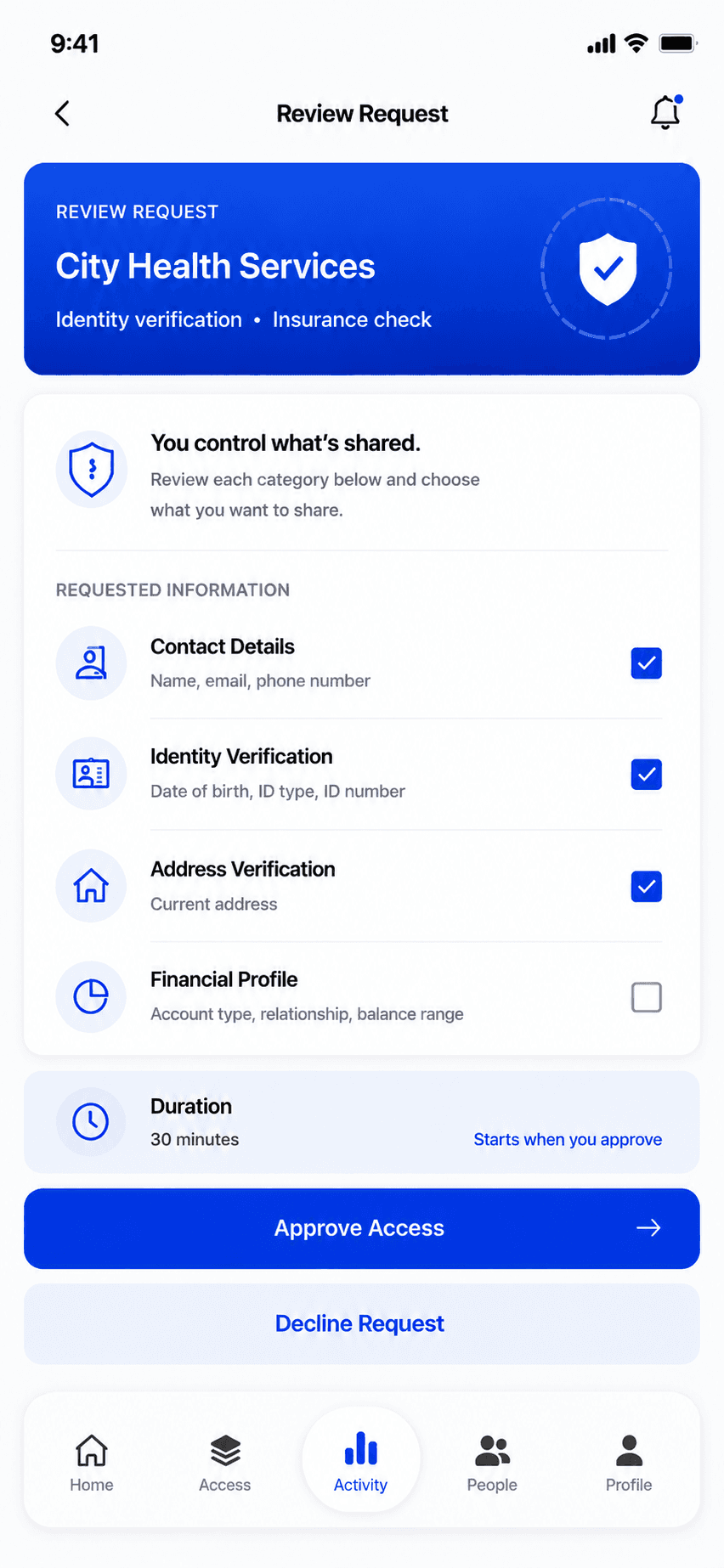 Review Request screen with selectable information categories and approve or decline actions.