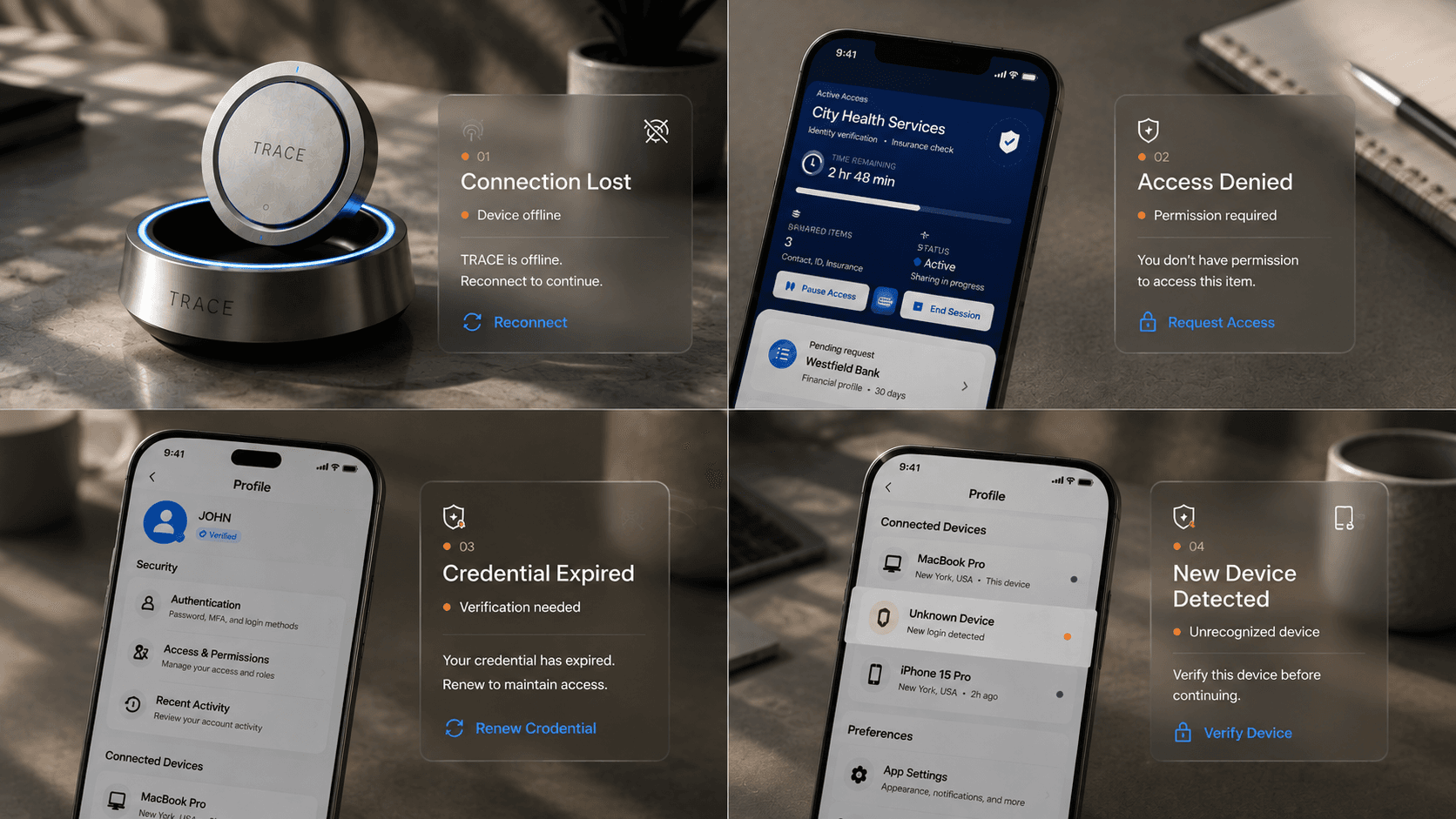 Four conceptual failure states for connection loss, access denial, an expired Credential, and a newly detected device.