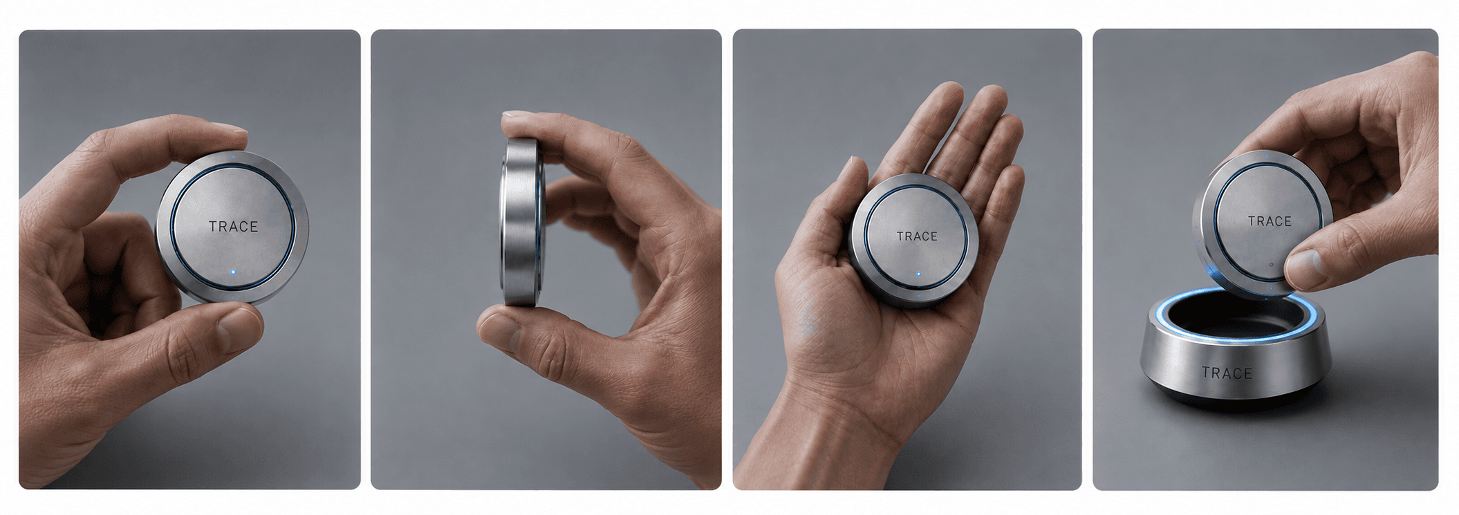 Four views showing front grip, side thickness, in-palm scale, and placement of the TRACE Credential into its Dock.