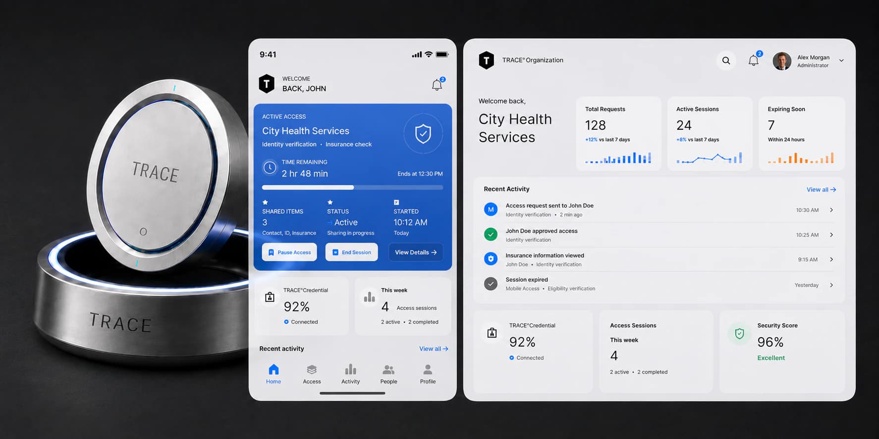 TRACE credential and dock beside a mobile permission-control interface.
