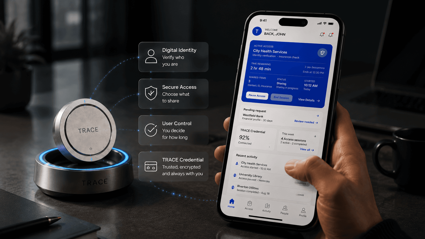 TRACE Credential, Dock, and mobile interface illustrating identity, access choice, user control, and physical–digital continuity.