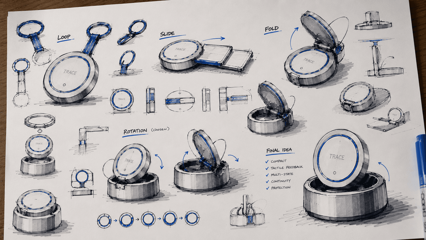 Loop, slide, and fold explorations beside the selected rotation direction for the TRACE Credential and Dock.