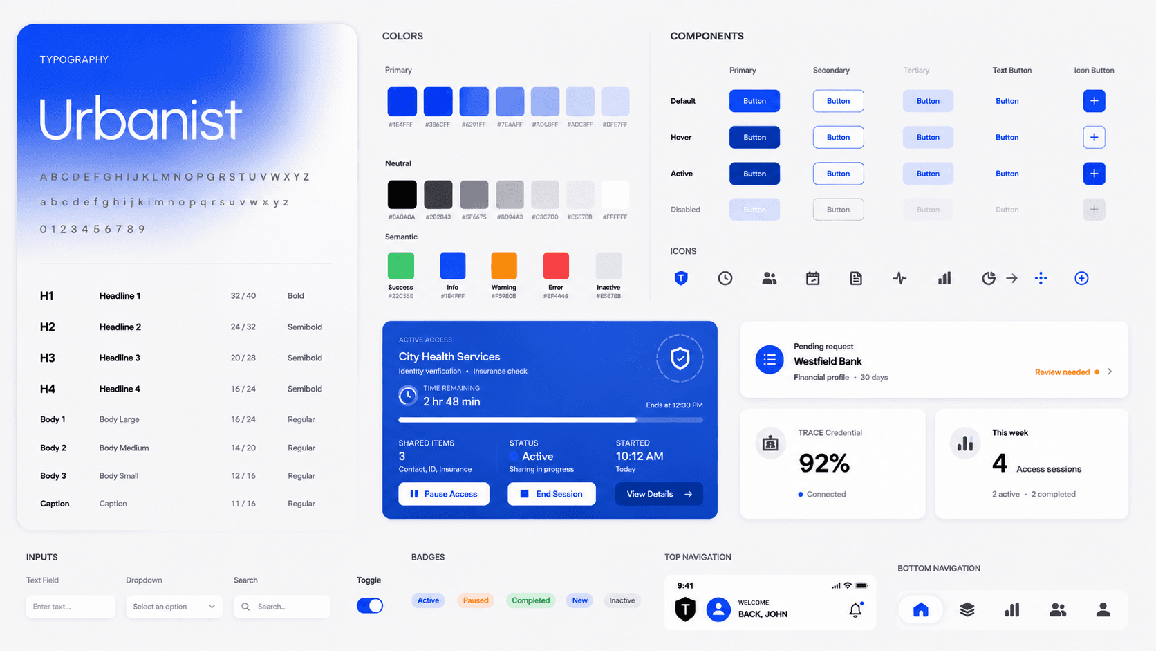 TRACE visual and component system showing typography, color, buttons, status badges, a permission session card, and navigation patterns.