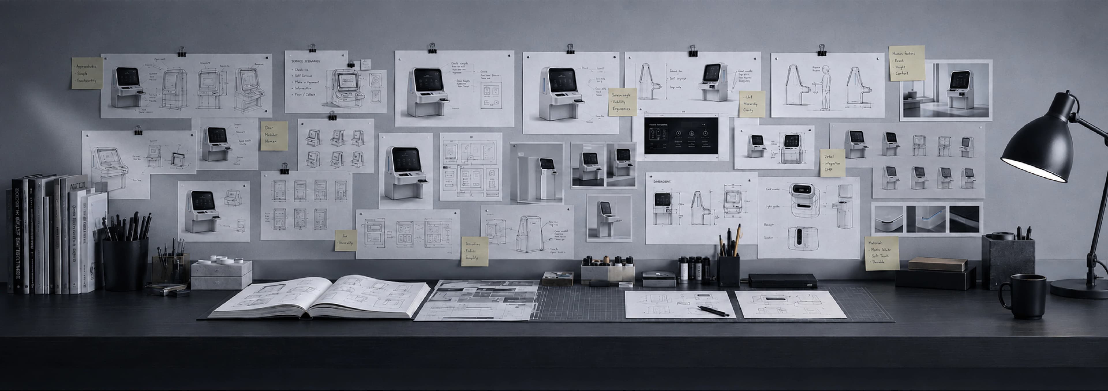 Design studio wall filled with product sketches, dimensioned drawings, and prototypes