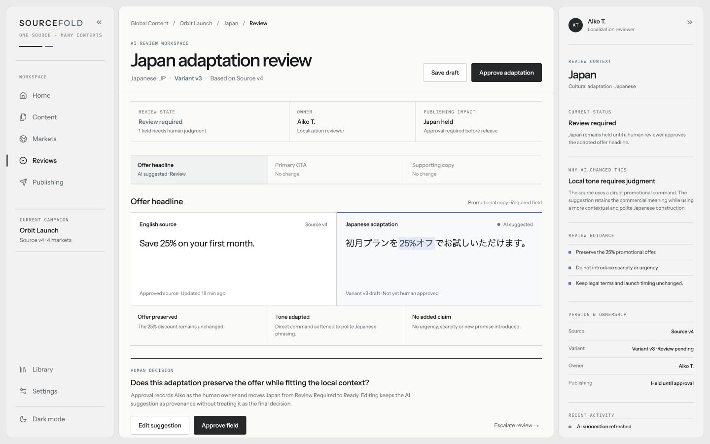 SOURCEFOLD AI Review workspace with an AI-suggested Japan adaptation awaiting human review