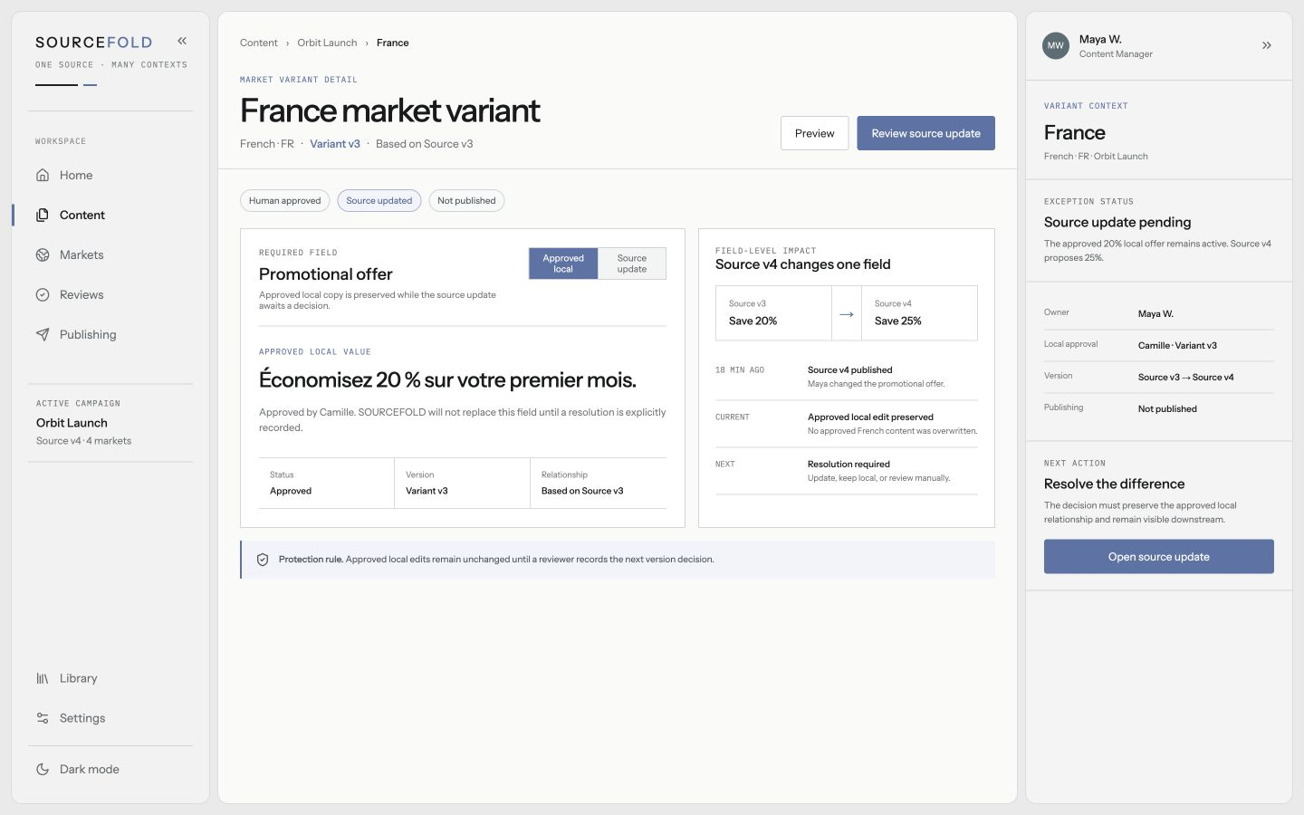 France market variant detail showing Approved and Source Updated states with an explicit next action