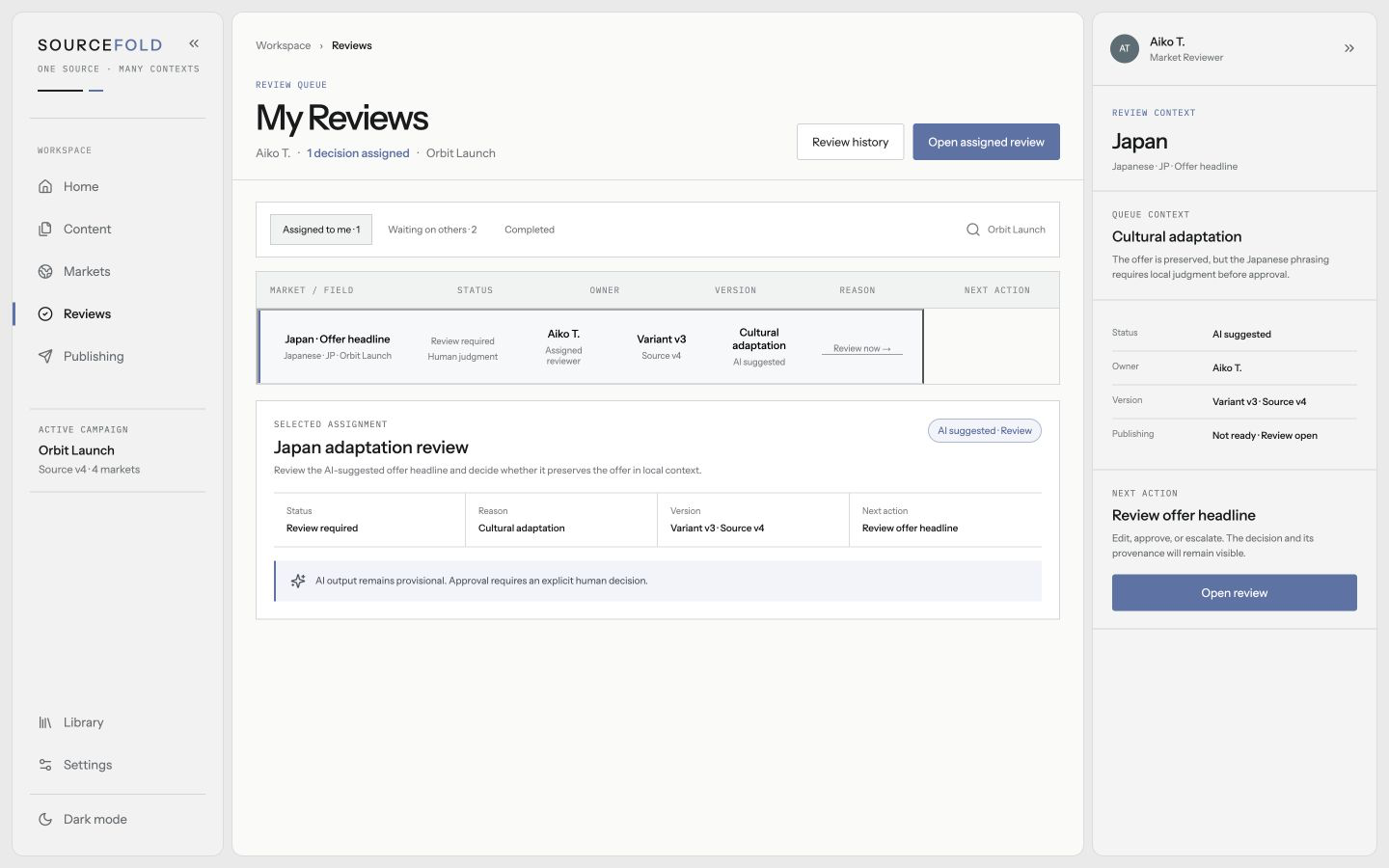 SOURCEFOLD My Reviews queue for a market reviewer