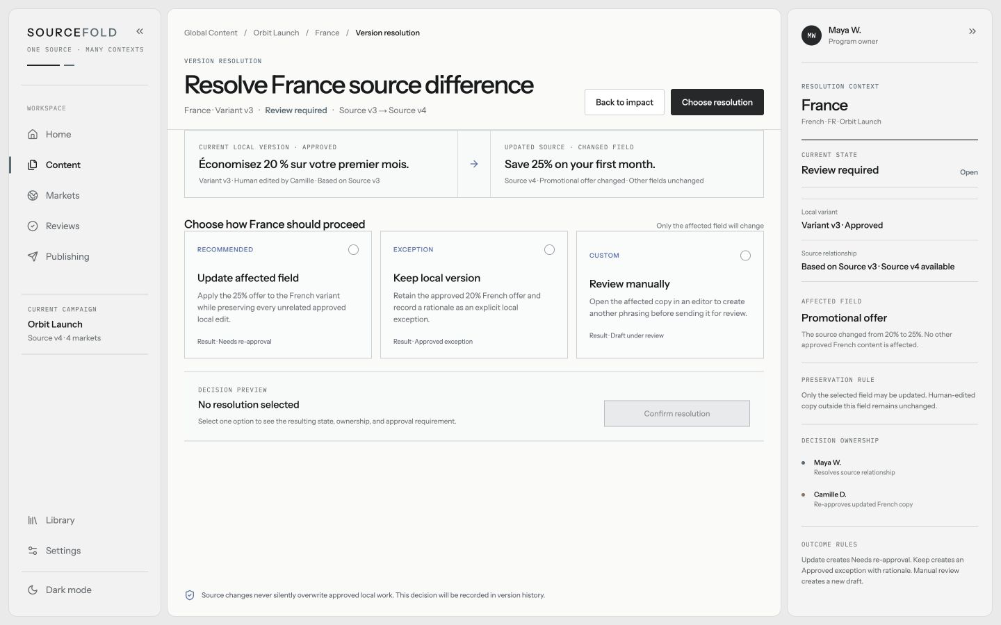 SOURCEFOLD Version Resolution workspace comparing the current France variant with the updated source